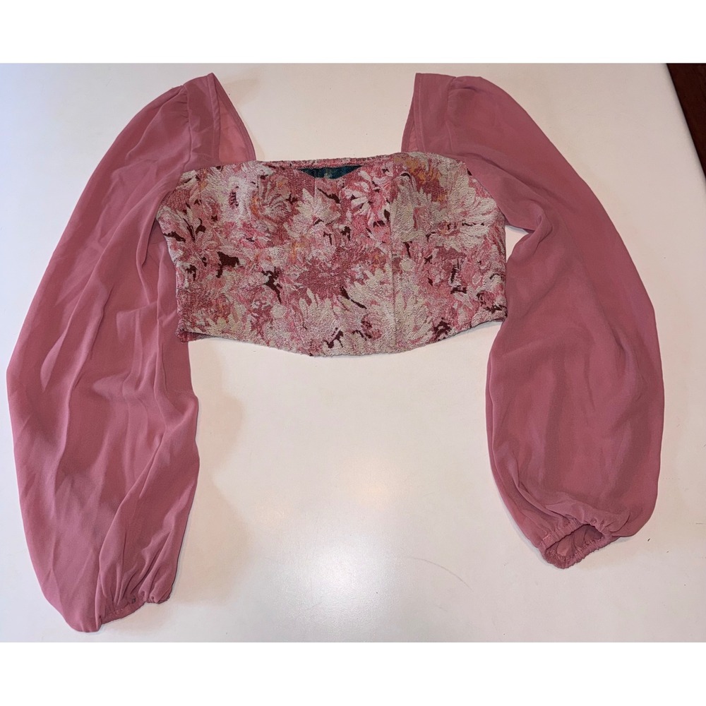Cider Pink Floral Tapestry Fairy Corset Crop Top Chiffon Lantern Sleeve